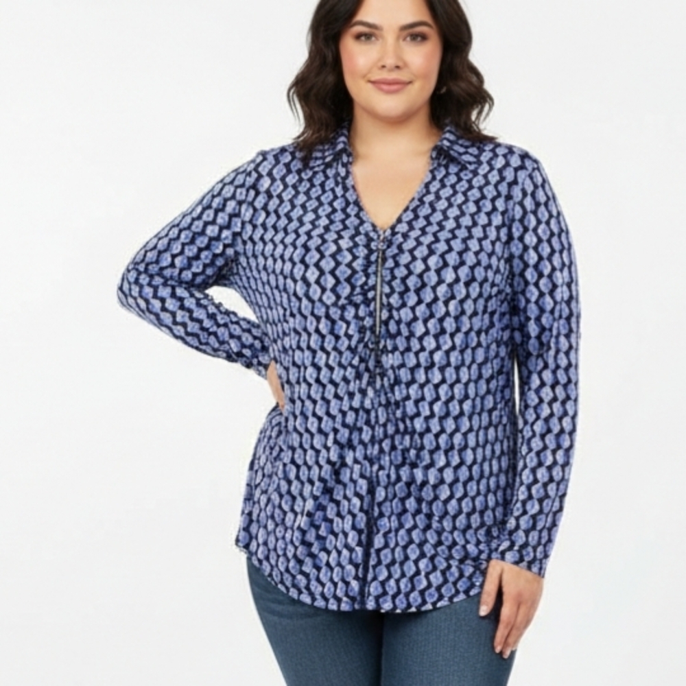 Cato Blue Geometric Print Zip Front Blouse Size M